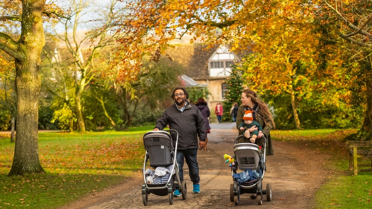 A family walking with pushchairs surrounded by autumnal trees